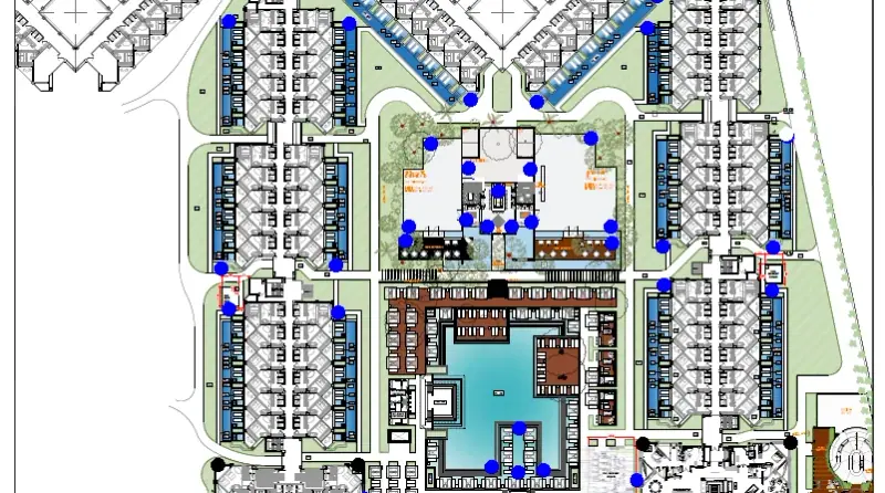 Ubicación de las cámaras sobre el plano del complejo